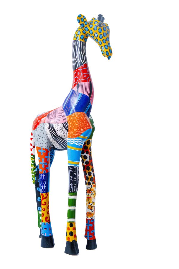 Sculpture de girafe, patchwork de motifs peints à la main